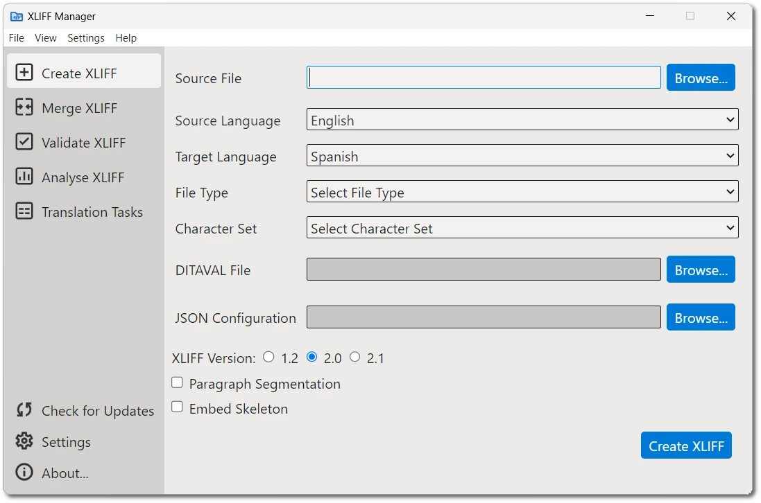 XLIFF Manager User Interface on Windows