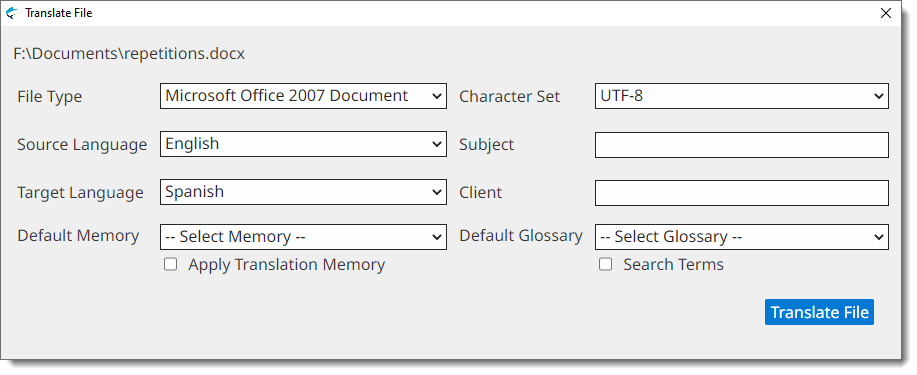 Translate Single File dialog