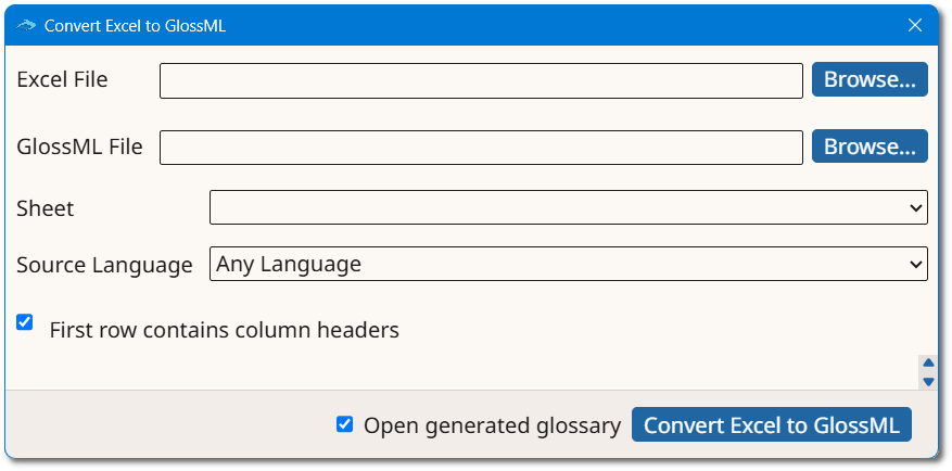 Convert Excel to GlossML Dialog