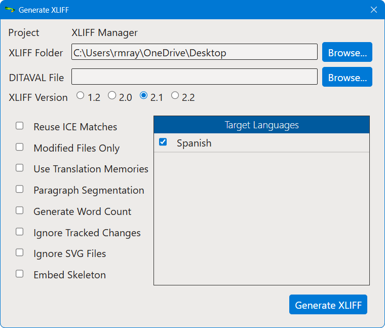 Generate XLIFF dialog