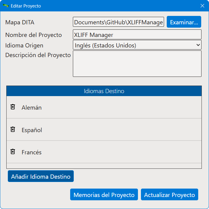 Cuadro de diálogo Editar Proyecto