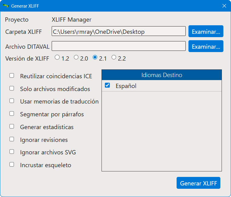 Cuadro de diálogo Generar XLIFF