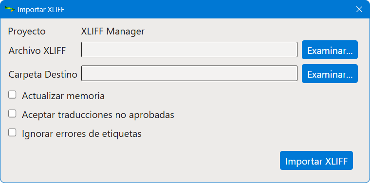 Cuadro de diálogo Importar XLIFF