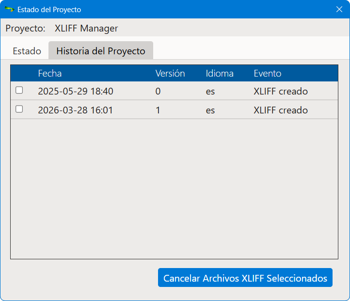 Cuadro de diálogo Estado del Proyecto, vista Historia del Proyecto