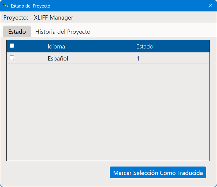 Cuadro de diálogo Estado del Proyecto, vista Estado