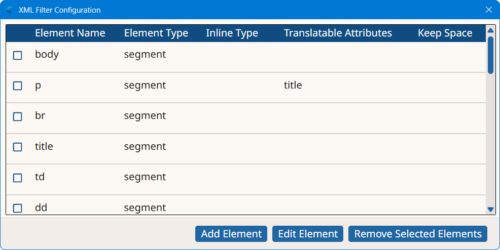 XML Filter Configuration dialog