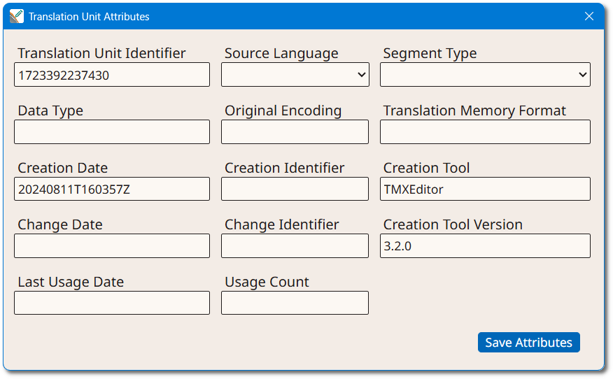 Translation Unit Attributes Dialog