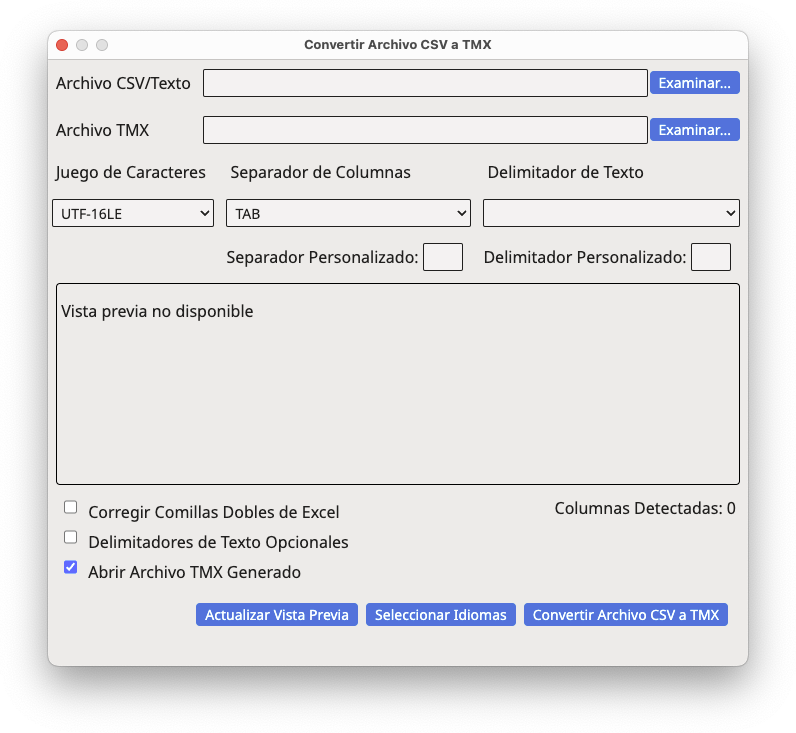 Cuadro de diálogo Convertir Archivo CSV a TMX