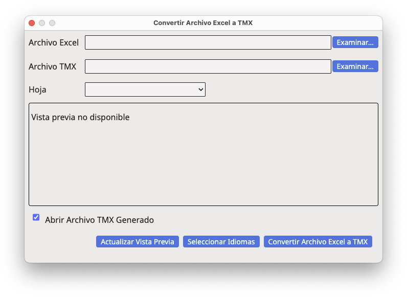 Cuadro de diálogo Convertir Archivo Excel a TMX