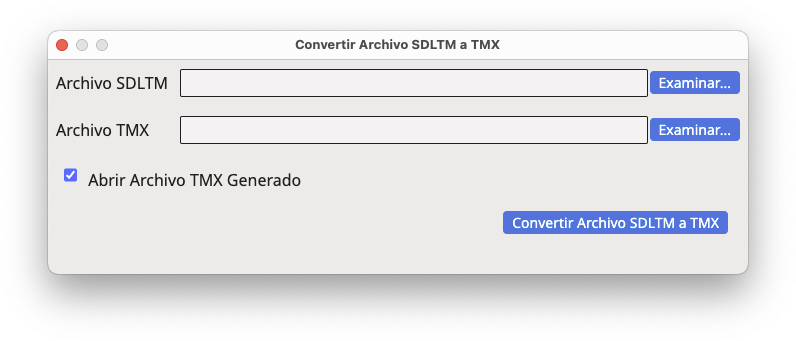 Cuadro de diálogo Convertir Archivo SDLTM a TMX