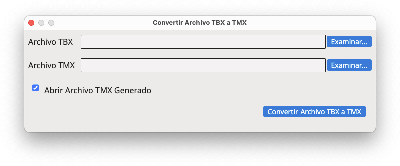 Cuadro de diálogo Convertir Archivo TBX a TMX
