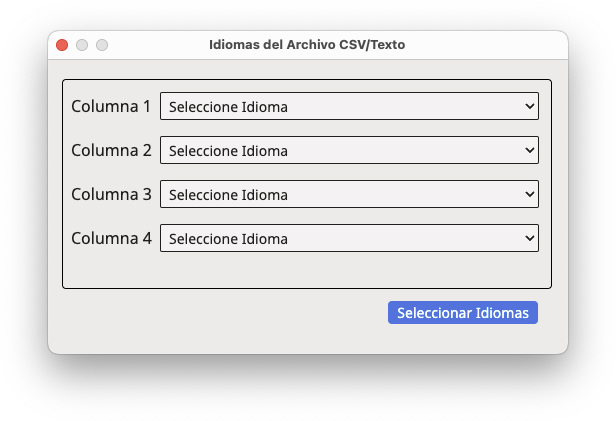 Cuadro de diálogo Idiomas del Archivo CSV/Texto