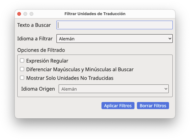 Cuadro de diálogo Filtrar Unidades de Traducción
