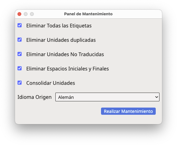 Cuadro de diálogo Panel de Mantenimiento