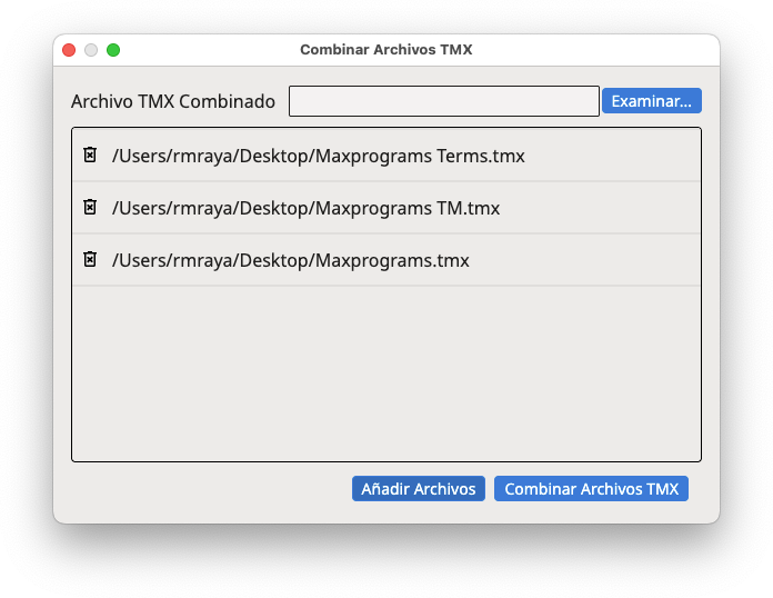 Cuadro de diálogo Combinar Archivos TMX