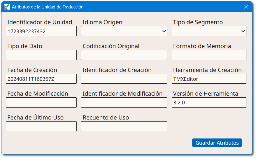 Cuadro de diálogo Atributos de la Unidad de Traducción
