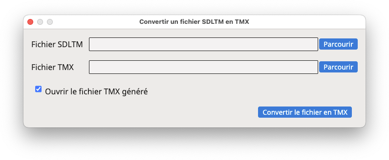 Boîte de dialogue "Convertir un fichier SDLTM en TMX"
