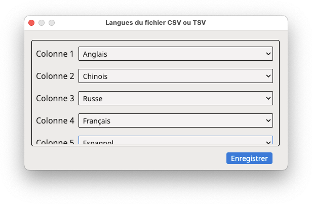 Boîte de dialogue "Langues du fichier CSV ou TSV"