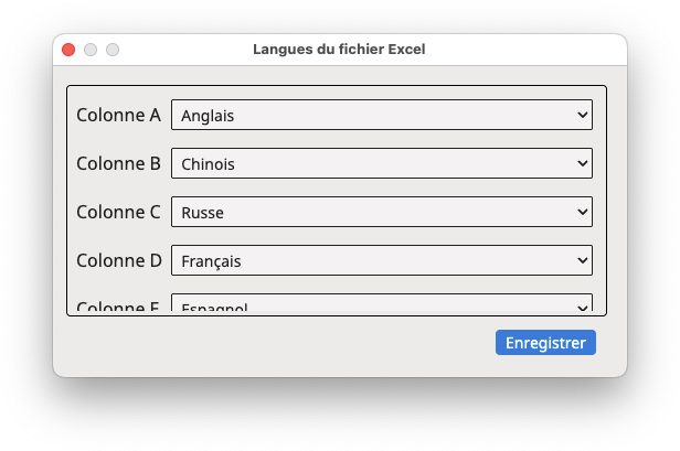 Boîte de dialogue "Langues du fichier Excel"