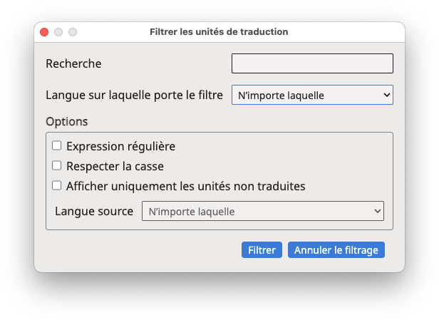 Boîte de dialogue "Filtrer les unités de traduction"