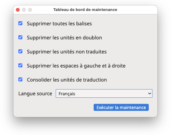 Boîte de dialogue "Tableau de bord de maintenance"