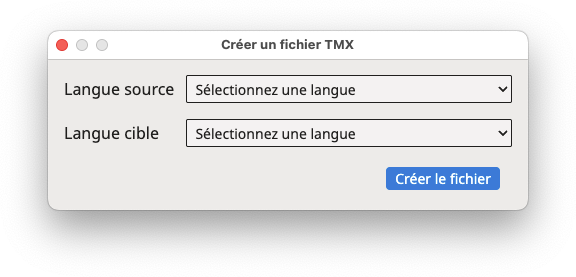 Boîte de dialogue "Créer un fichier TMX"