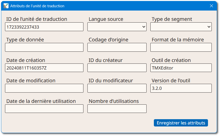 Boîte de dialogue "Attributs de l’unité de traduction"