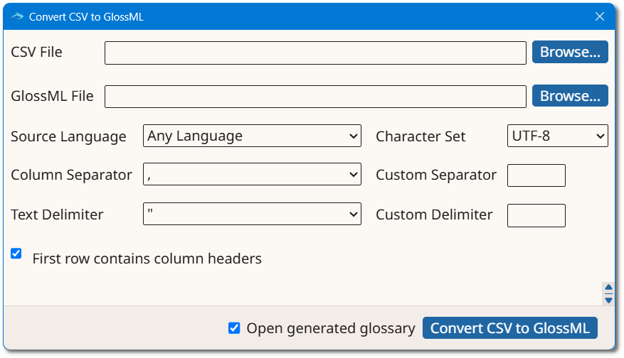 Convert CSV to GlossML Dialog