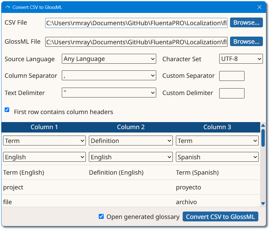 Convert CSV to GlossML Preview