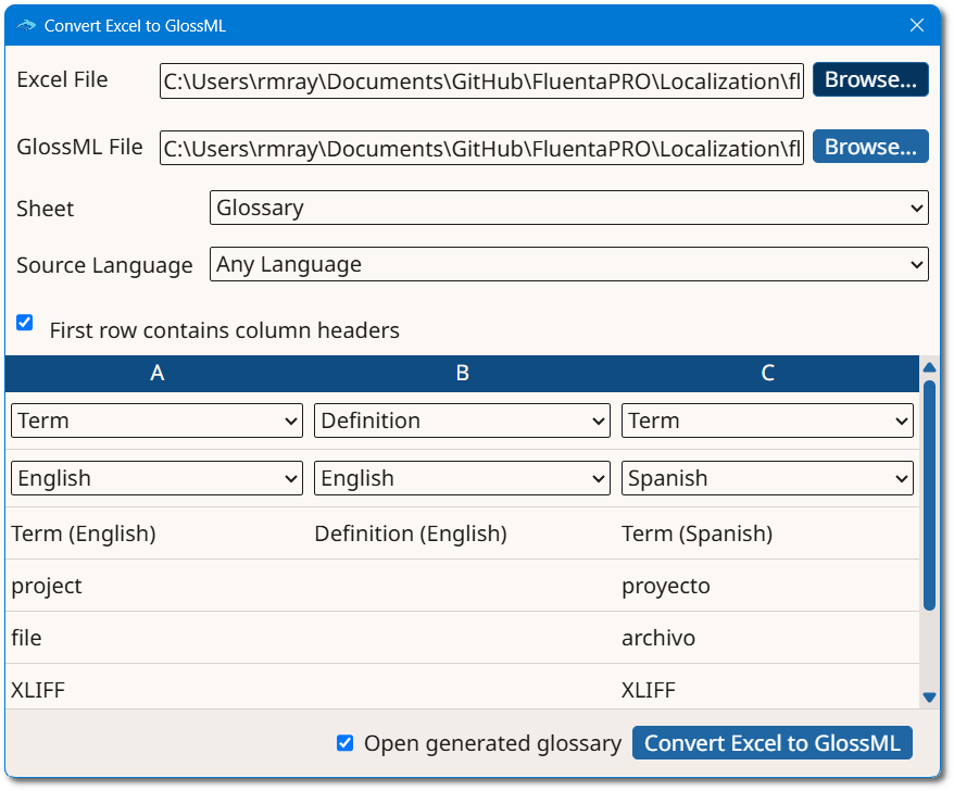 Convert Excel to GlossML Preview