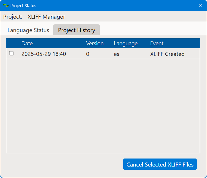 Project Status dialog, History view