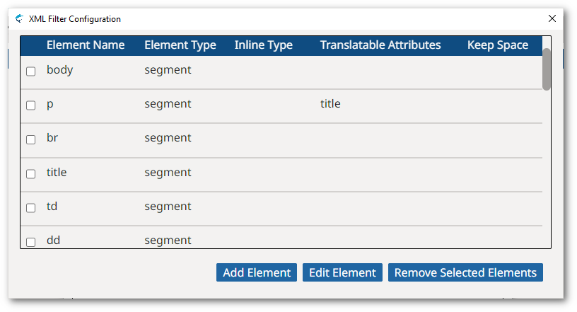 XML Filter Configuration dialog